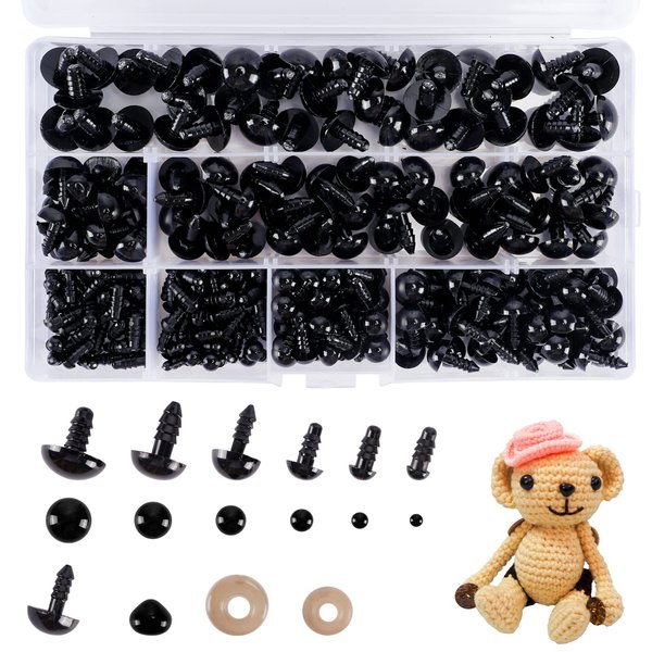 OUTUXED 520pcs Plastic Safety Eyes and Noses, Crochet Eyes with Washers, Craft Doll Eyes, Black Safety Eyes for Amigurumi, Puppet, Plush Animal and Teddy Bear
