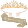 Vovii Birthday Sash and Tiara for Girls Birthday Girl Gold Sash and Rhinestone Gold Tiara Set Birthday Decoration Headband for Little Girl Hair Accessories for Birth Party Gold