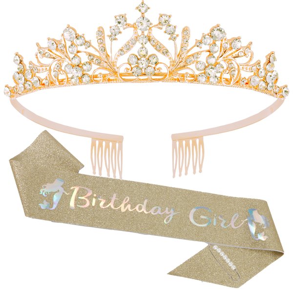 Vovii Birthday Sash and Tiara for Girls Birthday Girl Gold Sash and Rhinestone Gold Tiara Set Birthday Decoration Headband for Little Girl Hair Accessories for Birth Party Gold