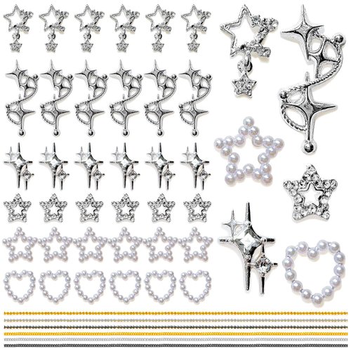 42Pcs Star Nail Charms for Acrylic Nails 3D Silver Alloy Stars Nail Rhinestones Nail Gems Pentagram Pearl Nail Art Chains Crystal Jewelry Nail Tip Manicure Decoration Supplies Craft DIY Accessories