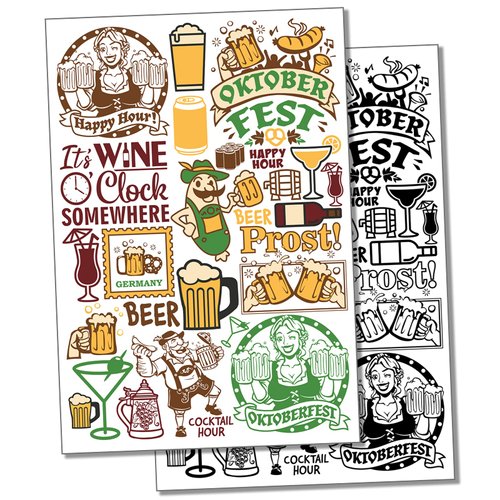 Cocktails Wine Beer German Oktoberfest Temporary Tattoo Water Resistant Fake Body Art Set Collection - Black (One Sheet)