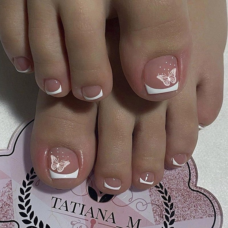 White French Tip Press on Toenails, Butterfly Fake Toe Nails Short ...