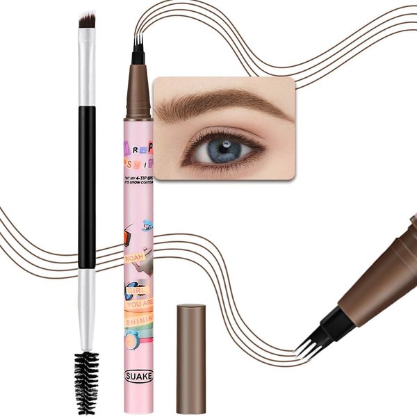 Kaely Dark Brown Microblading Eyebrow Pen Waterproof,Magic Eyebrow Pencil with Brow Brush,4 Tip Precise Eye Brow Pencils for Women Makeup,lapiz de cejas a prueba de agua,Fiber Head 02