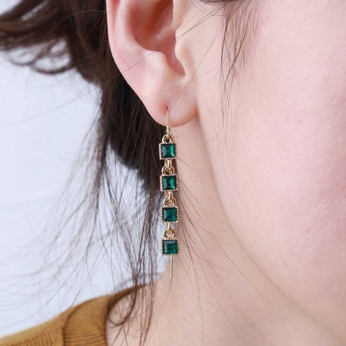 Sttiafay Vintage Emerald Crystal Threader Earrings Green Gem Drop Earrings Emerald Cz Square Earrings Gold Long Emerald Chain Earrings Jewelry for Women and Girls