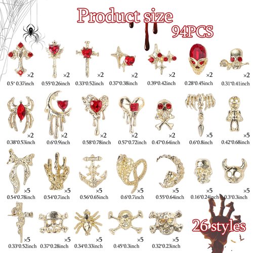 94 Pcs Gold Metal Halloween Nail Charms, Assorted Alloy 3D Spider Snake Skull Hand Horror Nail Charms Skeleton Bows Nail Gems and Charms for Nail Jewelrys Halloween Holiday Nail Art Gems