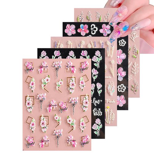 Flower Nail Art Stickers 5 Sheets 5D Nail Stickers Acrylic Embossed Engraved Manicure Nail Art Decorations Nail Decals Nail Art Supplies Pink White Floral Leaf DIY for Women and Girls (Pinky White)