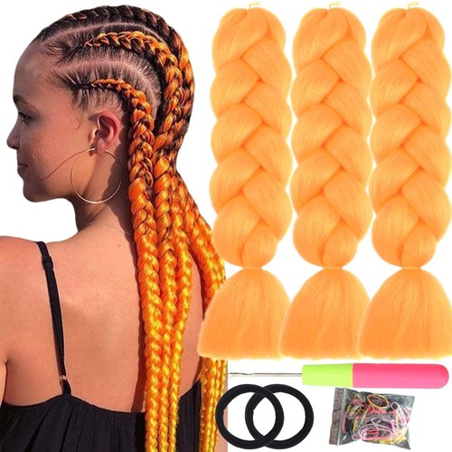 LILYKA SHOW 3 Packs 24 Inch Braiding Hair Extensions for Women Kanekalon Braiding Hair Ombre Jumbo Braiding Hair Extensions High Temperature Synthetic Braiding Hair for Twist Crochet Braids(3 Packs 24",orange)