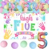 Hi Five Birthday Party Decorations for Girls, 5th Birthday Decorations Happy Birthday Backdrop Pastel Balloons Garland Arch Kit Iridescent Hi Five Number 5 Foil Balloon for Girl Birthday Party