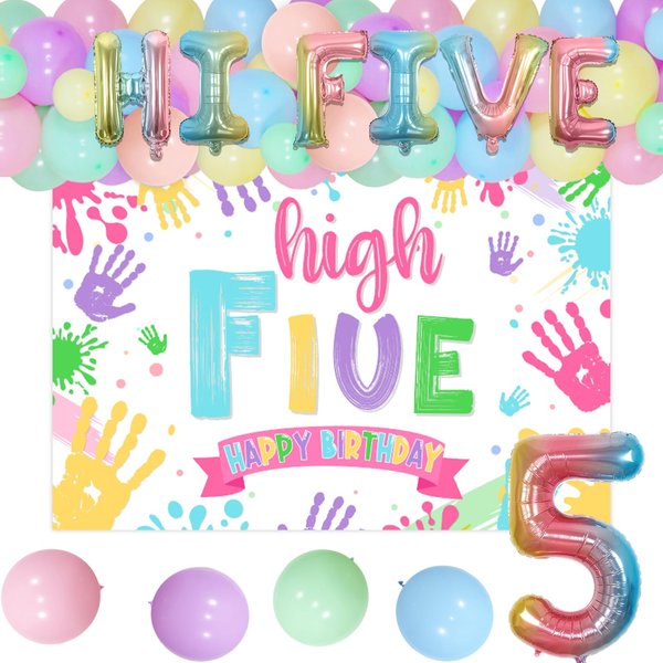 Hi Five Birthday Party Decorations for Girls, 5th Birthday Decorations Happy Birthday Backdrop Pastel Balloons Garland Arch Kit Iridescent Hi Five Number 5 Foil Balloon for Girl Birthday Party