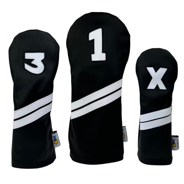 Sunfish Leather Golf Headcover Set 1-3-X Driver Fairway Hybrid Black and White !