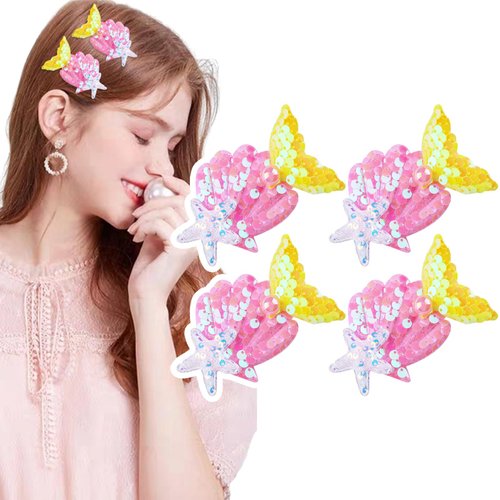 WRBAJIS 4Pcs Mermaid Hair Clips Sequins Fish Tail Hair Pins Glitter Starfish Shell Hair Barrettes Pearl Hair Accessories for Women Girls Toddlers Mermaid Theme Birthday Wedding Party Supplies(Pink)