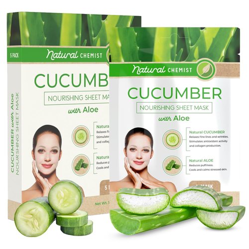 Natural Chemist Cucumber & Aloe Sheet Face Mask - Cools & Calms Stressed Skin, Reduces Puffiness, Moisturizing & Nourishing Sheet Mask - Cruelty Free Korean Skin Care For All Skin Types - 5 Masks