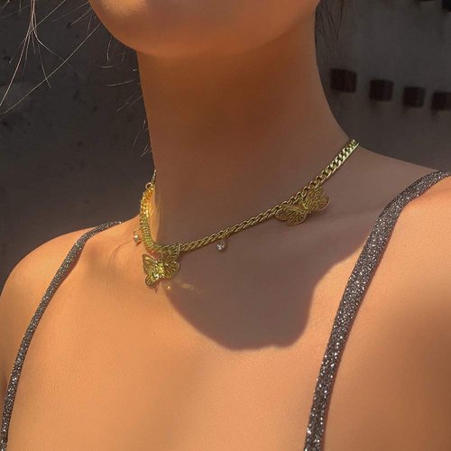 JWICOS Silver Necklace for Women and Girls Butterflies and Rhinestones Pendant Chunky Chain Miami Cuban Link Chain One Layered Choker for Women (Silver)