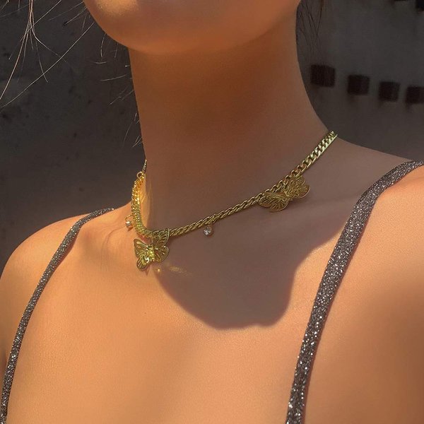 JWICOS Silver Necklace for Women and Girls Butterflies and Rhinestones Pendant Chunky Chain Miami Cuban Link Chain One Layered Choker for Women (Silver)