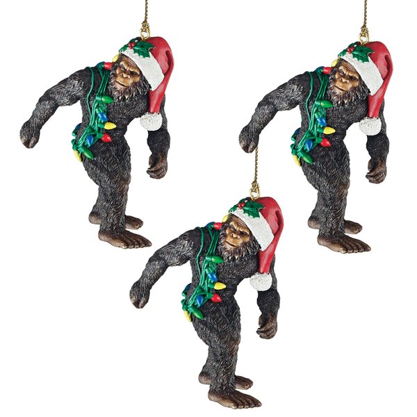 Design Toscano Bigfoot The Holiday Yeti with Santa Hat Funny Christmas Tree Ornament, Small X 3, Abominable Snowman