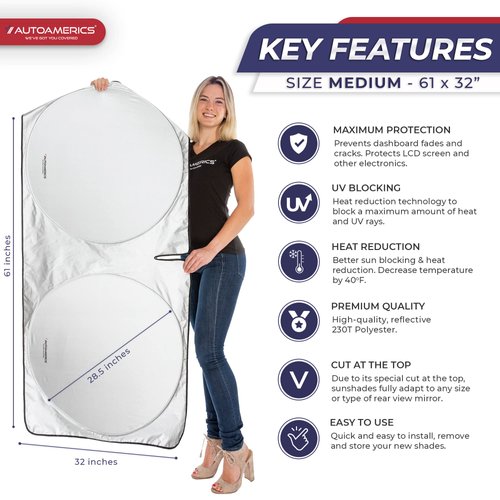 Autoamerics 1-Piece Windshield Sun Shade Standard Silver Foldable Car Front Window Sunshade for Most Cars SUV Truck - Heat Blocker Visor Protector Blocks Max UV Rays and Keeps Your Vehicle Cool Medium