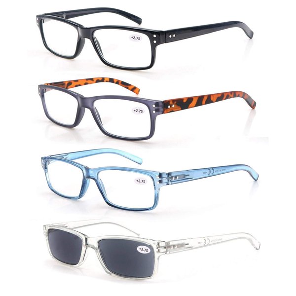 HEEYYOK 4 Pack Reading Glasses for Men 4.0+,Quality Readers with Spring Hinges Includes Sun Readers, Reduce Eyestrain/Glare Eyeglasses