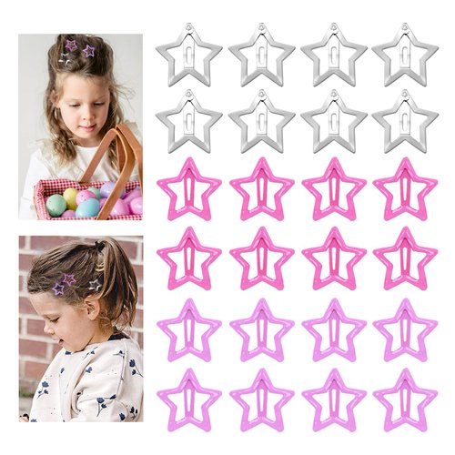 YASPOK 24 PCS Star Hair Clips for Girls,Hairpins Cute Colorful Snap Clips,Non-slip Hair Barrettes Silver Metal Colorful Cute Hairpins Hair,Y2k Hair Accessories for Women,Pink, purple, silver