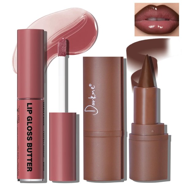 HOSAILY Lip Liner Butter Gloss Set, Dark Brown Plumping Lip Liner Lip Pencil Moisturizing Lightweight Lip Gloss Lip Combo, High Shine Glossy Lip Tint Lip Stain Makeup Long Lasting Lip Care for Women