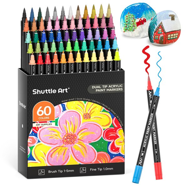 Shuttle Art 60 Colors Dual Tip Acrylic Paint Markers, Brush Tip and Fine Tip Acrylic Paint Pens for Rock Painting, Ceramic, Wood, Canvas, Plastic, Glass, Stone, Calligraphy, Card Making, DIY Crafts