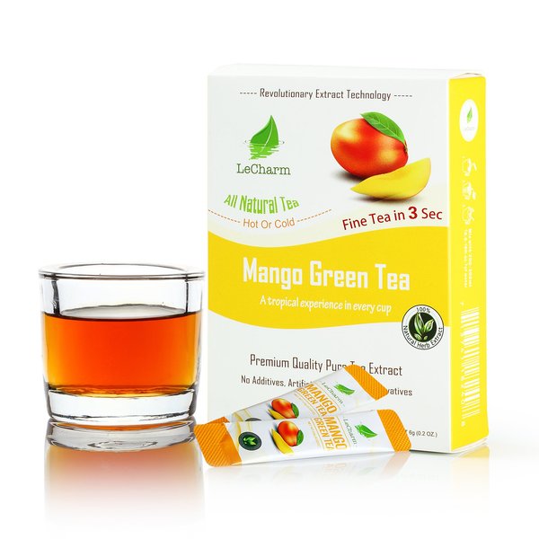 Mango Green Instant Tea on the Go LeCharm 100% Natural Tea Extract , Unsweetened Drink Instant Crystallized Tea Powder for Pure Water, Iced Tea and Hot Tea(10 Sachets)