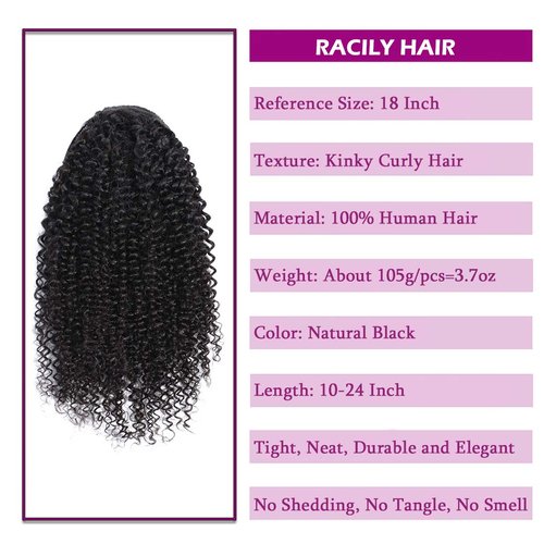 Kinky Curly Ponytail Extensions Human Hair Wrap Drawstring Adjustable Clip In Pony Tail 3C Afro Curl Natural Black (12")