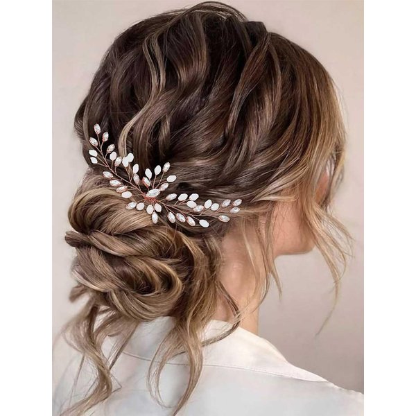 Gorais Bride Wedding Hair Comb Rose Gold Crystal Bridal Hair Pieces Opal Hair Accessories for Women and Girls (Rose gold)