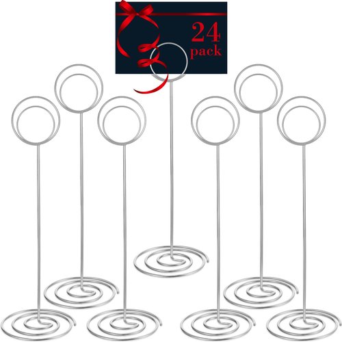 24 Pack 8.86 Inch Table Number Holder Wire Photo Holder Picture Name Menu Clips Memo Note Cards Stand for Wedding Reception Anniversary Birthday Centerpieces(Silver)
