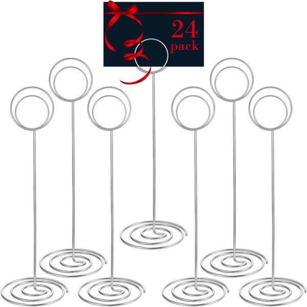 24 Pack 8.86 Inch Table Number Holder Wire Photo Holder Picture Name Menu Clips Memo Note Cards Stand for Wedding Reception Anniversary Birthday Centerpieces(Silver)