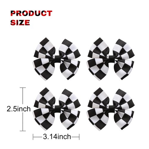 4PC Racing Checkered Flag Hair Bow Clips 3 Inch Girls Women Black and White Racing Fan Pigtail Hair Accessories