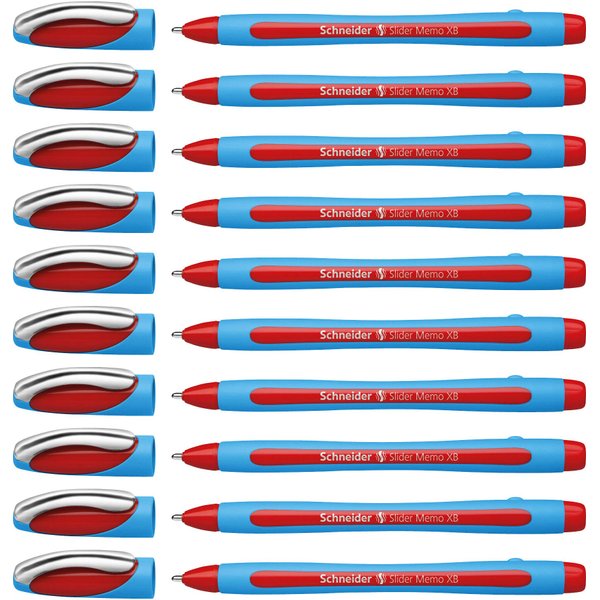 Schneider Slider Memo XB (Extra Broad) Ballpoint Pen, 1.4 mm, Light Blue Barrel, Red Ink, Box of 10 Pens (150202)