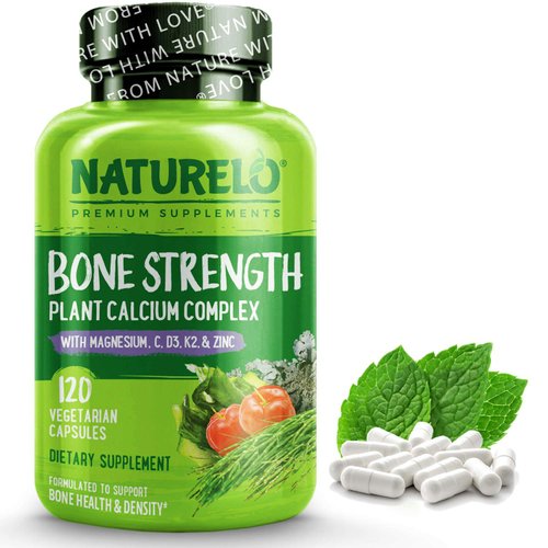 NATURELO Calcium Supplement - Bone Strength with Calcium 600mg, Vitamin D3, K2, C, Magnesium Zinc - Plant-Based, 120 Vegetarian Capsules, Non-GMO, Soy & Gluten-Free