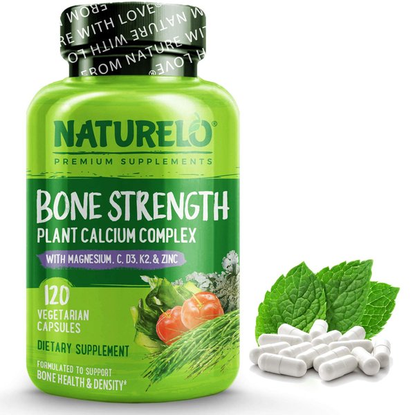 NATURELO Calcium Supplement - Bone Strength with Calcium 600mg, Vitamin D3, K2, C, Magnesium Zinc - Plant-Based, 120 Vegetarian Capsules, Non-GMO, Soy & Gluten-Free