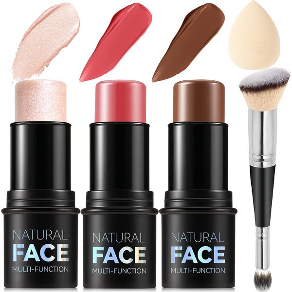 3Pcs Cream Contour Stick Makeup Kit, Shades with Highlighter Stick, Blush Stick and Bronzer Contour Stick for Sculpt the Cheeks, Long Lasting, Waterproof, Matte & Dewy Finish (LIGHT MEDIUM)