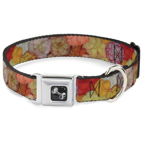 Dog Collar Seatbelt Buckle Vivid Floral Collage2 Yellows Pinks Oranges 18 to 32 Inches 1.5 Inch Wide