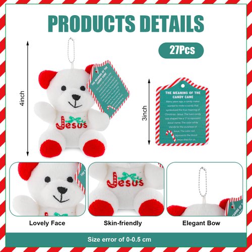 Poen 27 Pack Christmas Mini Plush Bears with Cards Set Jesus Winter Plush Bears Stuffed Animal for Classroom School Kids Exchange Prize Gifts Religious Bear Toy for Xmas Party Favors(Jesus Candy Cane)