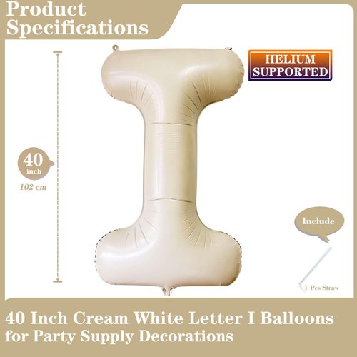 Cream White Letter I Balloons, 40 Inch Giant Letter Balloons I Foil Mylar Helium White Letter Balloons for Birthday Party Supplies Anniversary Event Celebration Decorations Alphabet White I