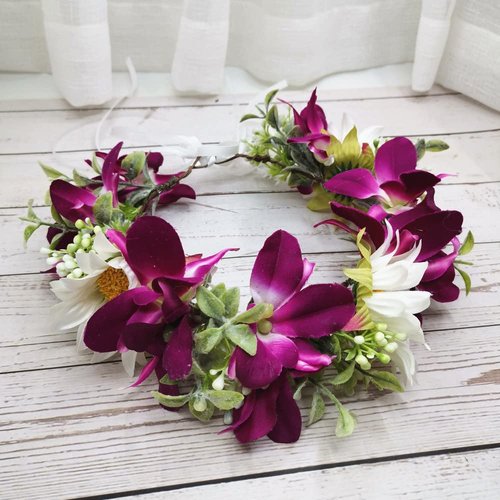 Floral Fall Autimn Flower Girl Crown Yellow Hair Wreath Wedding Bridal Eucalyptus Halo FL-26 (orchid white)