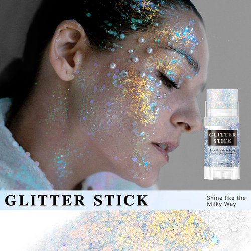 HOSAILY White Body Glitter Stick, Sparkling Holographic Sequins Glitter Gel, Body Shimmer Face Paint Glitter for Eye Hair Nail lip, Chunky Glitter Makeup for Halloween Christmas Rave Festival