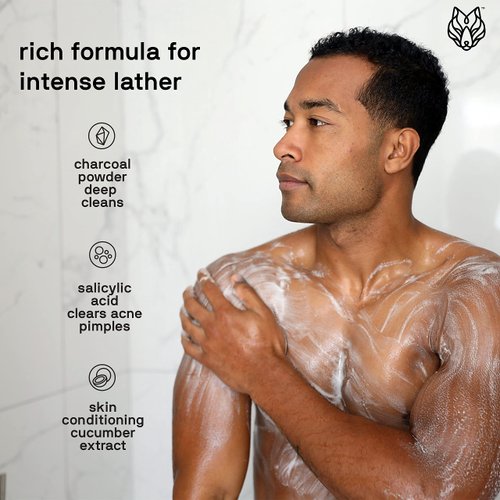 Black Wolf Charcoal Powder Body Wash Men - 10 Fl Oz Paraben-Free Mens Body Wash - Salicylic Acid Reduce Acne Breakouts and Cleanse Your Skin - Full Coverage & Deep Clean Men's Bodywash