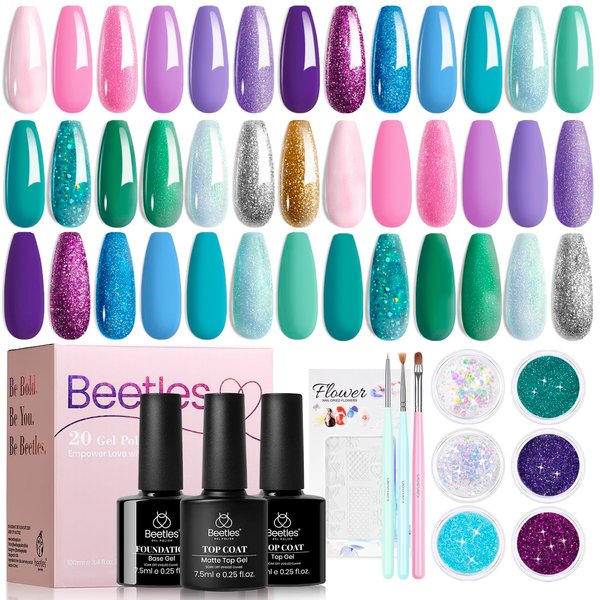 Beetles Summer Mermaid Gel Nail Polish Set, 20 Colors Blue Green Pink Purple Shimmery Glitter Summer Gel Polish Kit with Base Gel Top Coat Nail Art Brushes Soak off Uv Nail Gel Gift for Girls