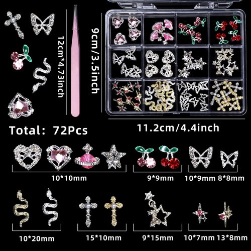 72Pcs 3D Nail Rhinestones Charms Diamonds Metal Alloy Nail Jewelry Cherry Heart Star Butterfly Snake Planet Nail Gems Charms Gold Silver Pink Nail Gems Crystals for Nail Art Design DIY with Tweezer