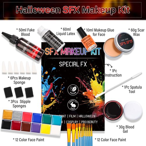 SFX Makeup Halloween Special Effects Makeup Kit with Face Paint, Face Glue Adhesive, Washable Fake Blood ,Scar Wax, Liquid Latex, Face Paint Brushes for FX Cosplay Costume Halloween Deco