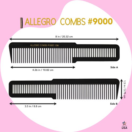 Allegro Combs 9000 Clipper Blending Cutting Wide Teeth Hair Comb For Fading Barbers Hairstylist Men Women Shower Comb Shampoo Styling 2 Piece (Black)