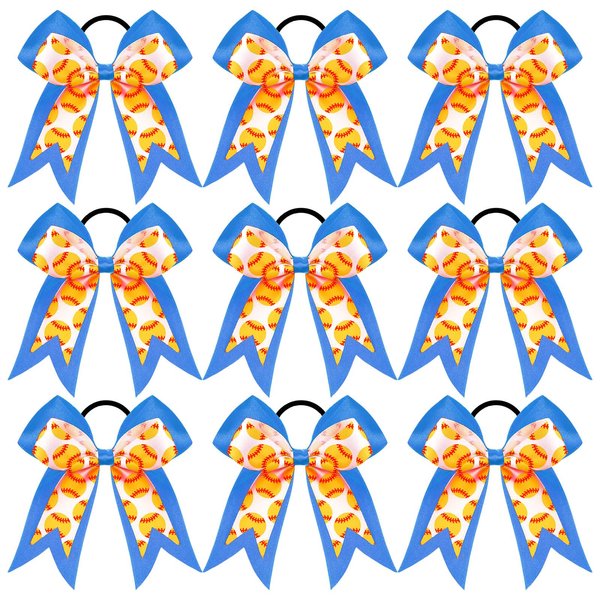 MTLEE 9 Pcs 7.5 Inch Blue Softball Ribbon Hair Bows Cheer Hair Bows Elastic Scrunchies Hair Bands Cheerleader Bows Volleyball Sports Ball Ponytail Holder Sport Hair Accessories for Girl Player
