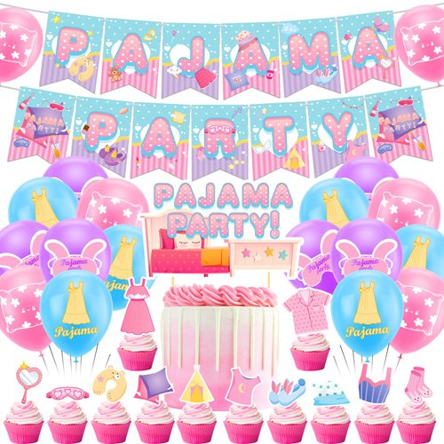 Pajama Theme Party Pajama Slumber Party Decorations Sleepover Party Decorations Includes Pajama Theme Banner Cake Topper Cupcake Toppers Balloons for Girls Spa Party Supplies