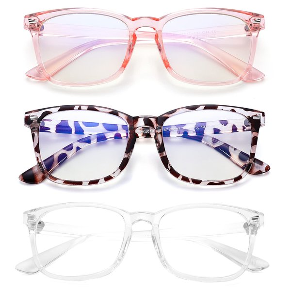 COASION Blue Screen Glasses for Kids Age 3-12, 3 Pack Blue Light Blocking Glasses for Girls Boys, Computer Gaming Fake Eyeglasses (Leopard + Clear Pink + Transparent)
