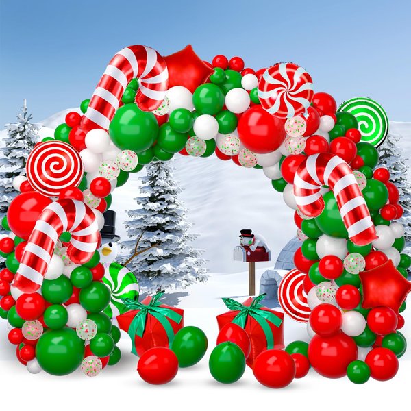 MGparty 172 PCS Christmas Balloon Garland Arch Kit with White Red Green Latex Balloons Christmas Candy Cane Balloons Red Star Holiday Balloons Gifts Box Balloons for Christmas Party Decorations