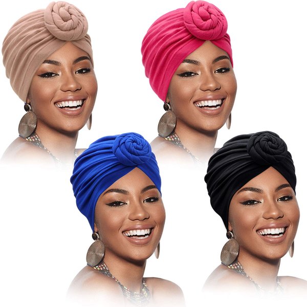 4 Pieces African Pattern Headwrap Pre-Tied Bonnet Turban Knot Beanie (Pure Color)