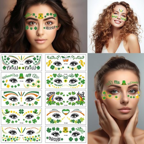 Blindery Irish Sticker Vinyl Saint Patrick's Day Tattoo Four-Leaf Clover Glow Tattoo Sticker Waterproof Shamrock Stickers Clover Luminous Tattoo Stickers for Holiday Ornament (Face tattoo sticker)